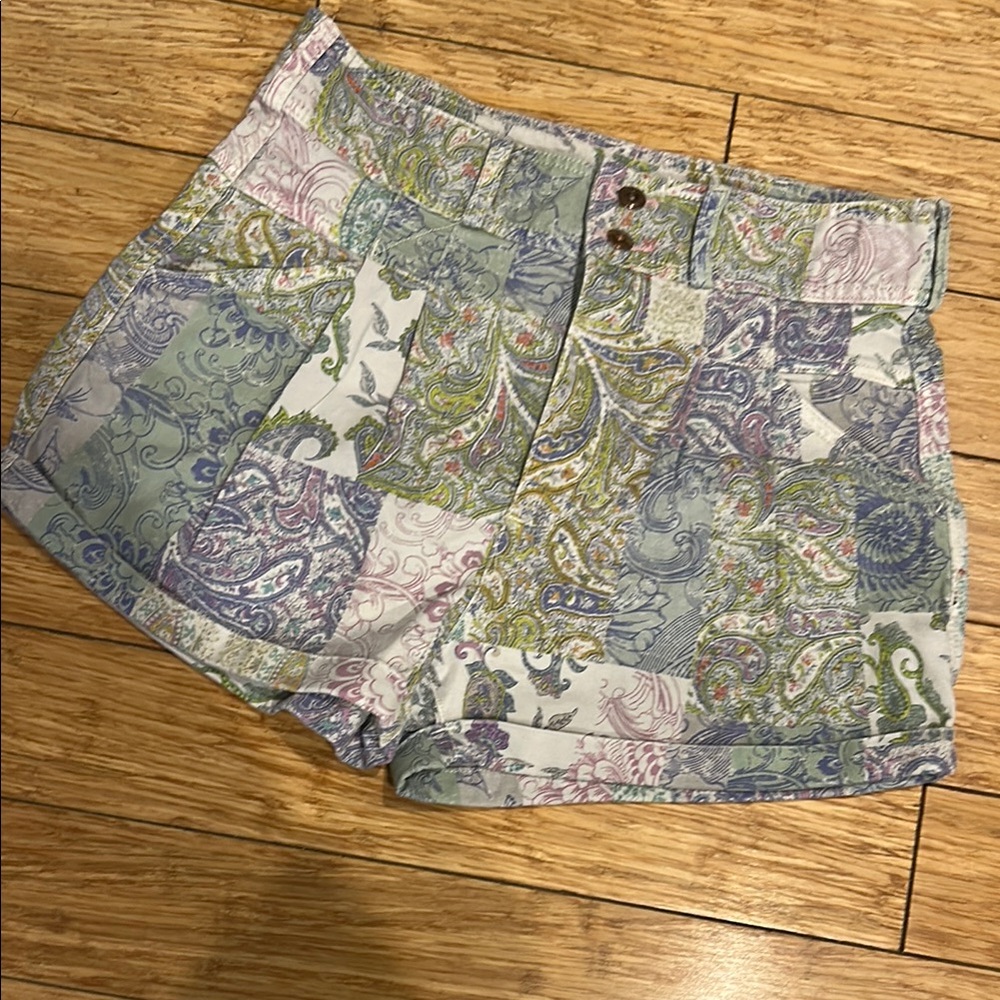 Anthropologie Pilcro High Waist Blue and Green Pleated Patchwork Shorts NWOT 29